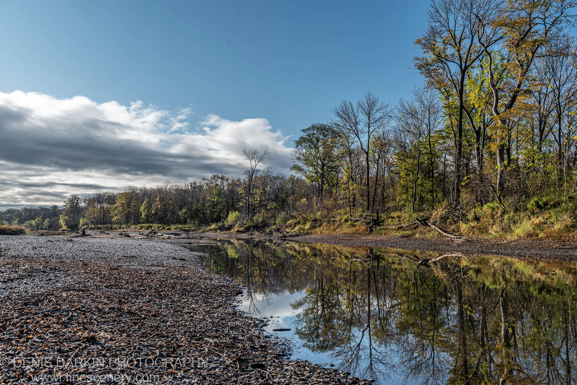 Still water reflecting an autumn canopy against blue sky, fallen foliage on the stone bank in the foreground, Primorsky Krai, October 2019.