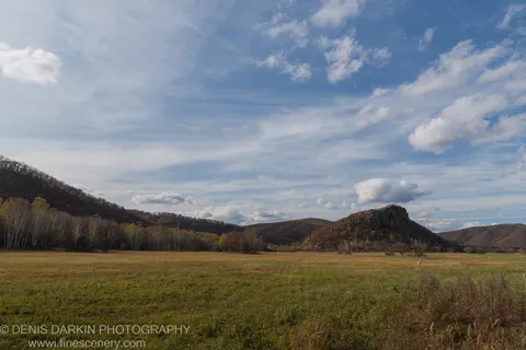 Birch trees in a grassy valley in Primorsky Krai, a rocky hill rising on the right under wispy high clouds.