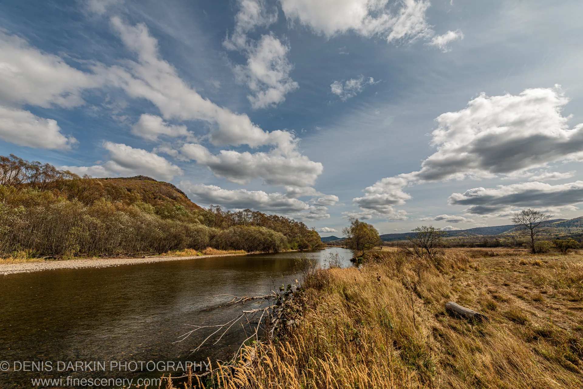 Wide river winding through an autumn valley in Primorsky Krai, tall golden grasses in the foreground and blue sky above.