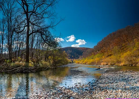 Sunlit river bends through a late-autumn valley at the Daubihe, smooth grey stones on the right bank and bare trees to the left.