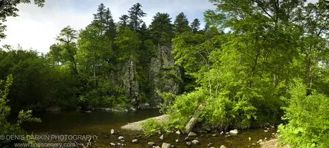 Lush deciduous foliage and moss-covered cliffs above the shallow, stone-dotted waters of a forest creek in Sikhote Alin.