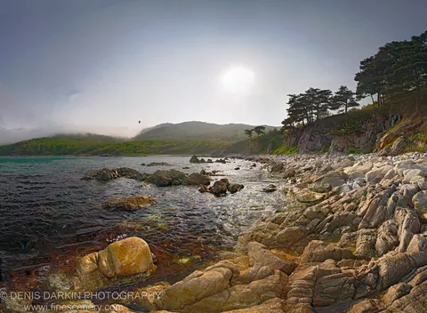 Rugged sun-warmed rocks along the misty shoreline with a lone bird visible against the diffused sun, and a distant green headland across the water.