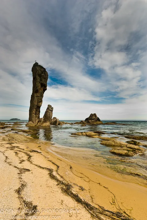 A tall sea stack above tangled kelp and golden sand, with a streaky cloud sky and calm water, Lazovsky Reserve.