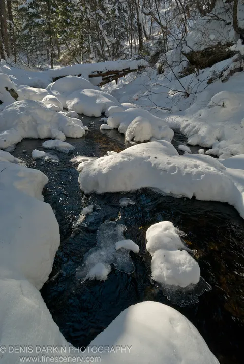 A dark forest stream winds between snow-covered boulders and forming ice sheets in the Shkotovskoe Plateau, Primorsky Krai, in January 2008.
