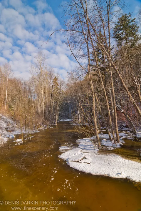 Amber meltwater flows past chunks of dissolving ice on the Vinogradovka riverbank, leafless trees stretching into a clear blue April sky.