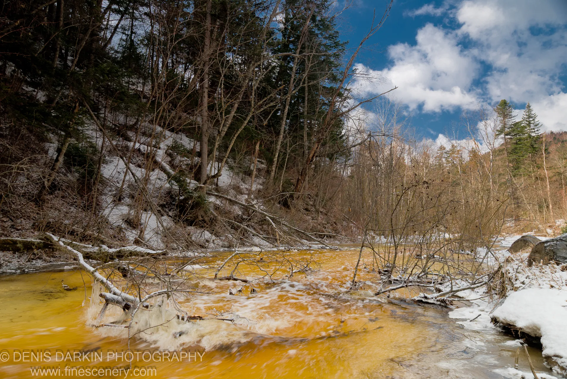 A fallen tree trunk lies across a rushing amber stream on a Vinogradovka forest slope, snow-dusted bare branches overhead against a blue April sky.