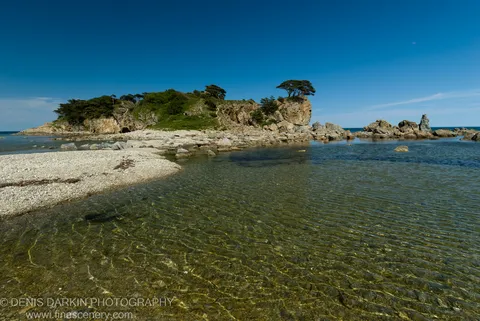 Clear rippling shallows at Gamov Peninsula reveal a sandy bottom, a grassy headland with dark evergreen trees rising above the rocks beyond.