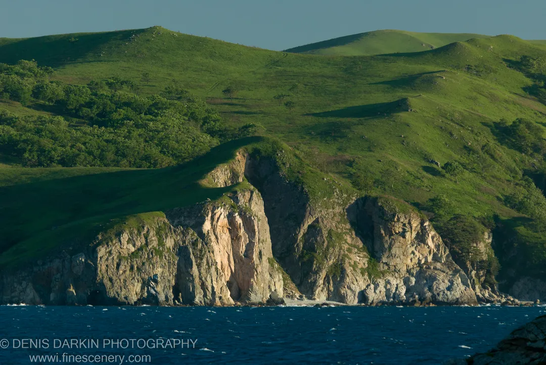 Rolling green hills descend steeply to rugged sea cliffs in low morning light, with deep blue ocean below, Gamov Peninsula, Far East Marine Reserve.