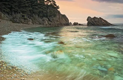 A steep pine-covered cliff rises above smooth pebbles on the Vityaz Bay shoreline, with a solitary rock formation visible at sea.