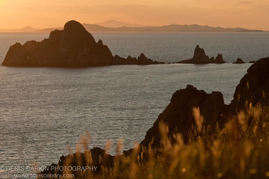Silhouetted sea stacks at Gamov Cape at dusk, with an orange sky, shimmering calm ocean, and birds in flight above the water.