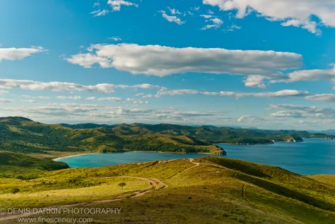Elevated ridgeline view over rolling golden-green hills sloping toward a turquoise bay fringed by dark forested coastline, Far East Marine Reserve.