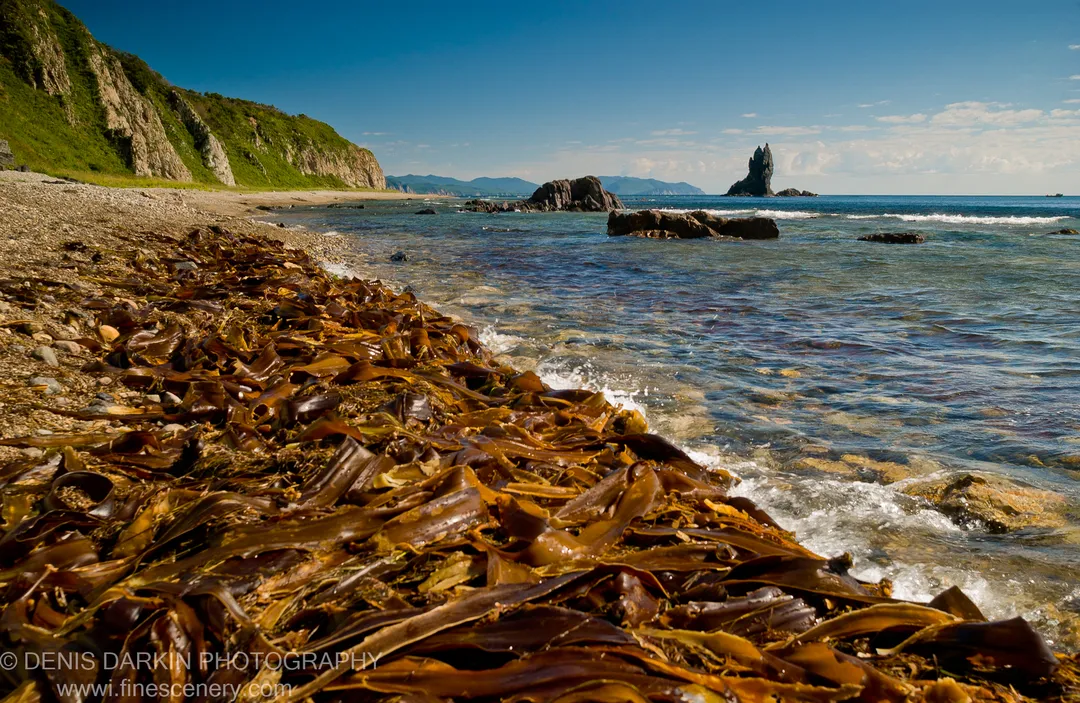 Clear shallow water over submerged stones leads toward jagged sea stacks on the horizon at Dva Brata Islands, Primorsky Krai.