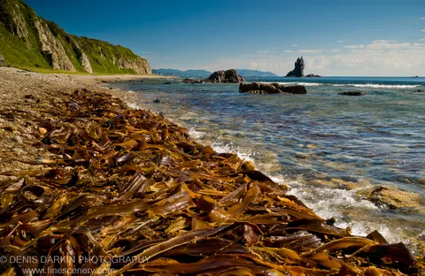Clear shallow water over submerged stones leads toward jagged sea stacks on the horizon at Dva Brata Islands, Primorsky Krai.