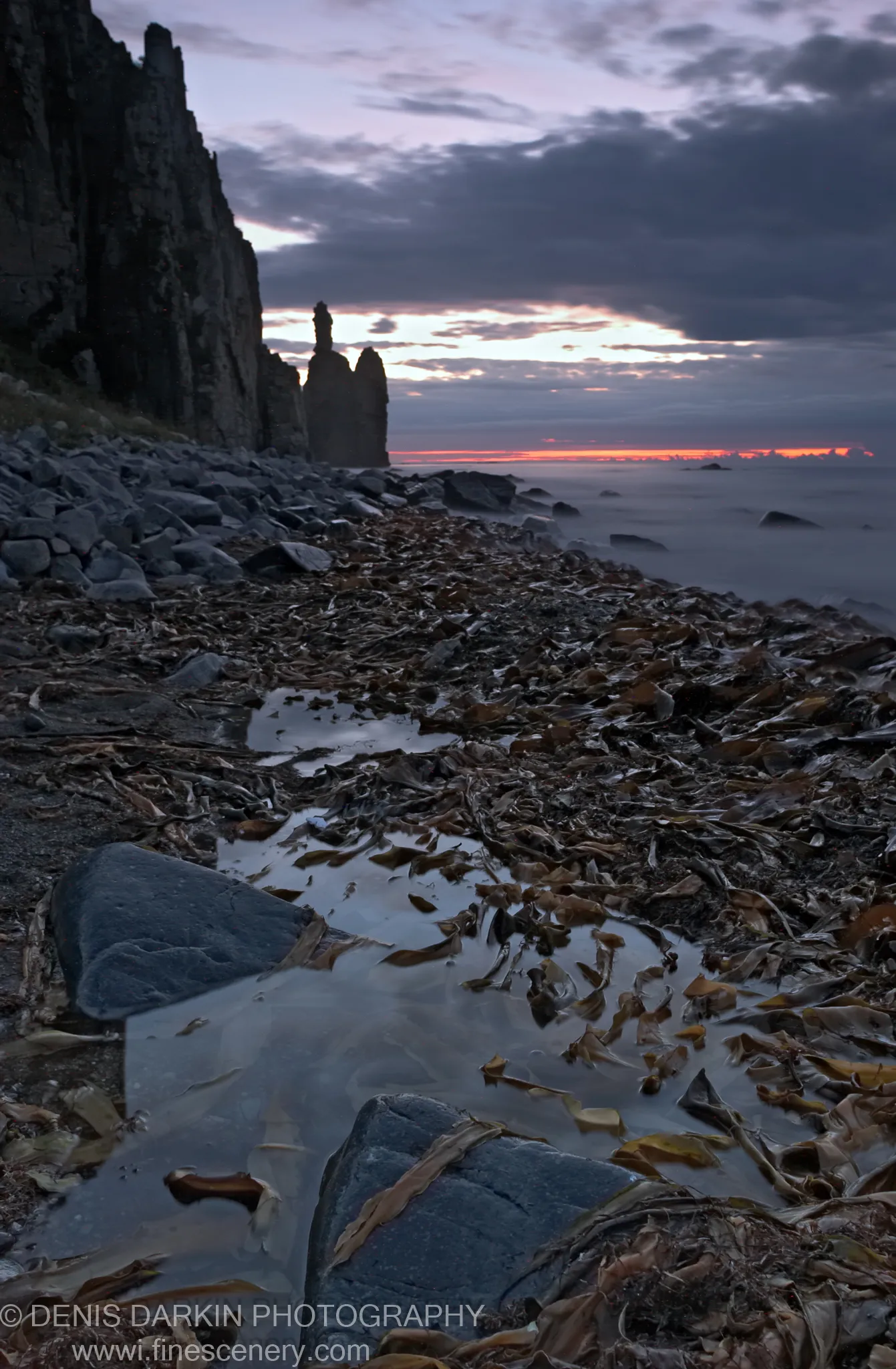 A rocky shore covered in dark wet kelp leads toward sea stacks silhouetted against a narrow strip of predawn light on the horizon.