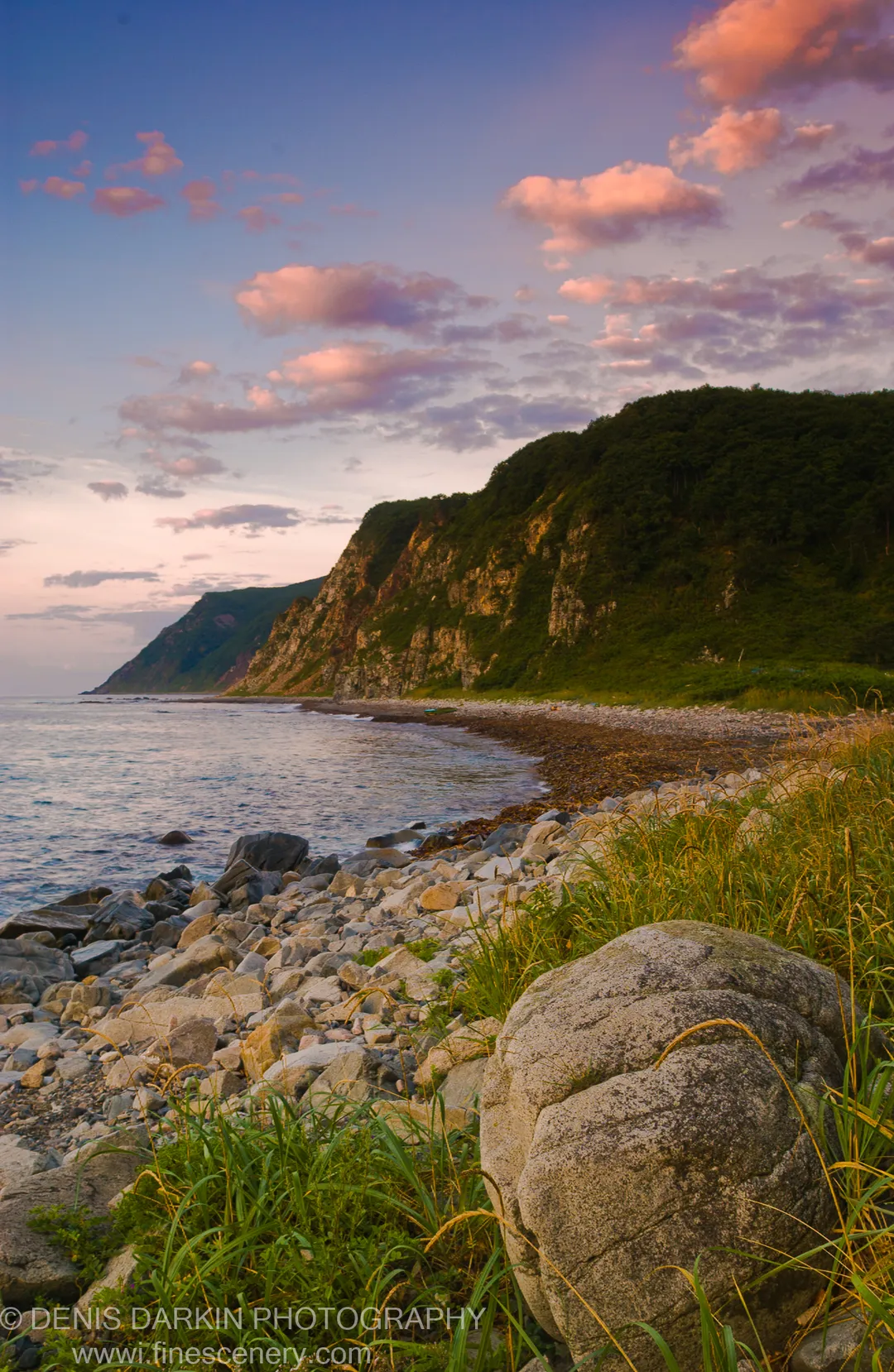 A forested escarpment meets the calm sea at dawn, textured boulders in the foreground below a soft pink sky, Primorsky Krai coast.