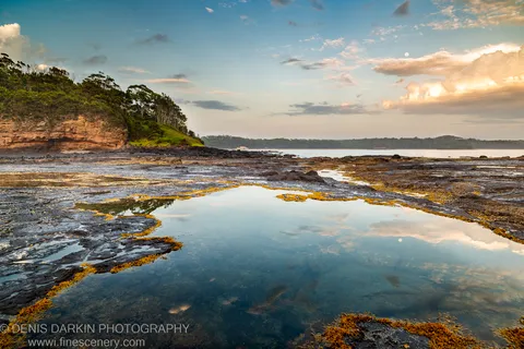A setting moon hangs near the horizon above seaweed-covered tidal rock platforms and a sandstone headland at Bendalong Point at dawn.