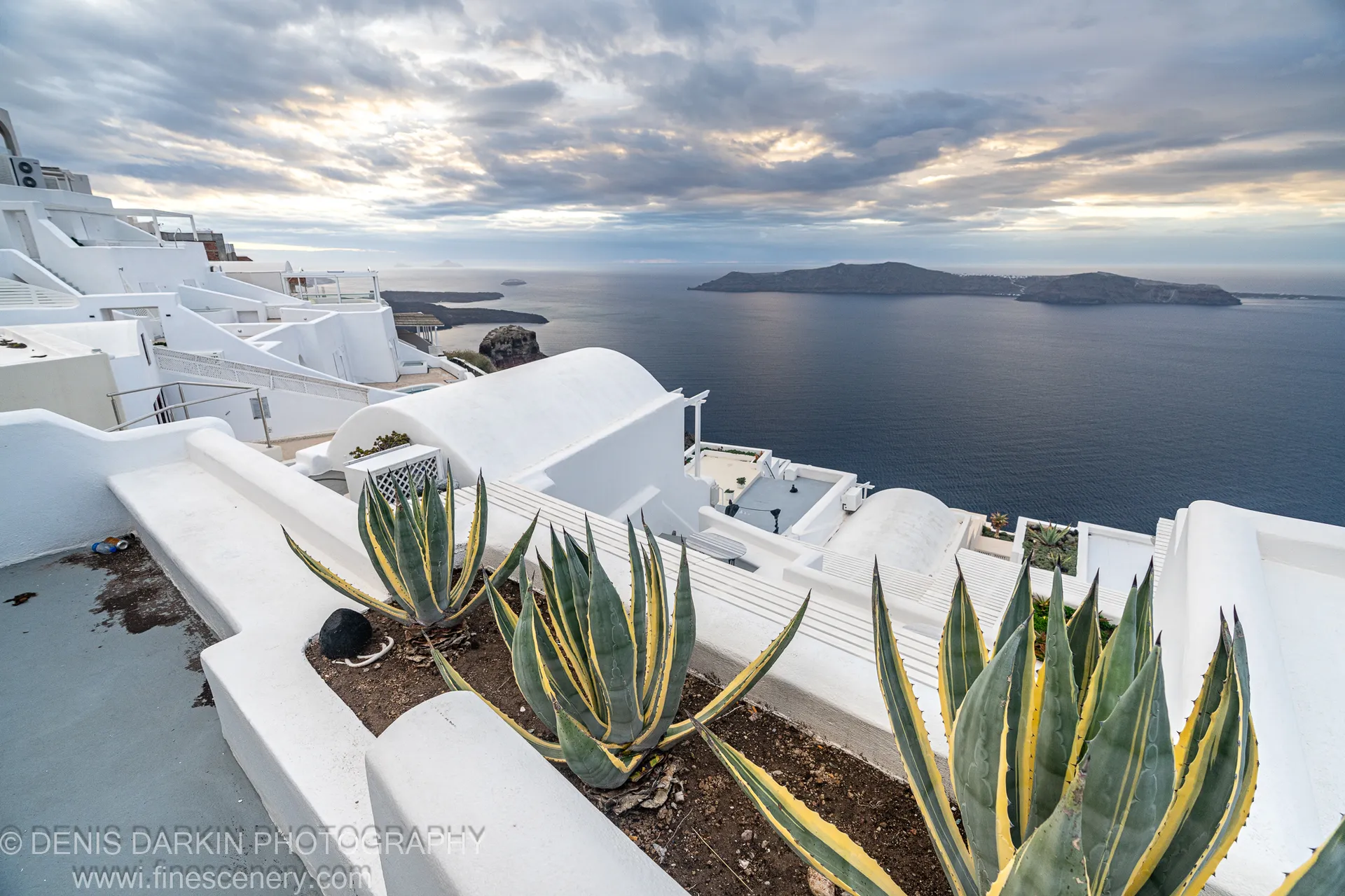 Spiky agave plants in the foreground with white-washed terraces descending toward a dark sea and layered clouds at the horizon, Santorini, December 2024.