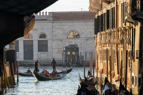 Warm morning light falls on the stone facades of a Venice canal, gondolas moored between wooden poles in still water below.