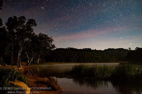 A starfield and aurora australis glow above Dunns Swamp as ground mist drifts across the calm lake, with dark tree silhouettes on the left bank.